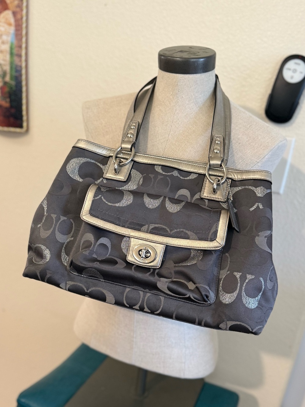 Coach Penelope Metallic Trim Black & Gray Signature Shoulder Bag